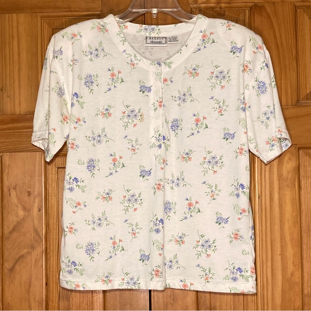 GUC Bizzit Collection Vintage 80s Top Short Sleeve Blouse White Blue S Small